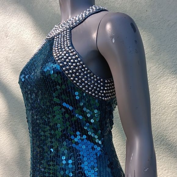 NITELINE by DELLA ROUFOGALI VINTAGE BLUE SEQUIN/STUDDED COLLAR COCKTAIL DRESS - Picture 7 of 17